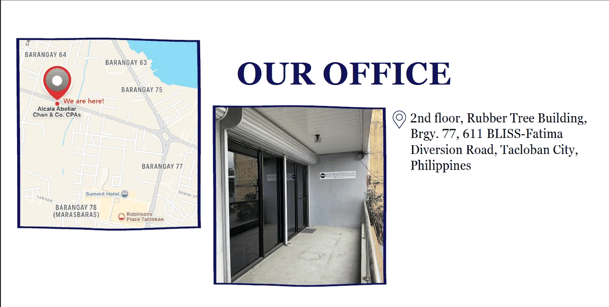 Map and photograph of the Alcala Abellar Chan & Co., CPAs office at the 2nd floor, Rubber Tree Building, Brgy. 77, 611 BLISS – Fatima Diversion Road, Tacloban City