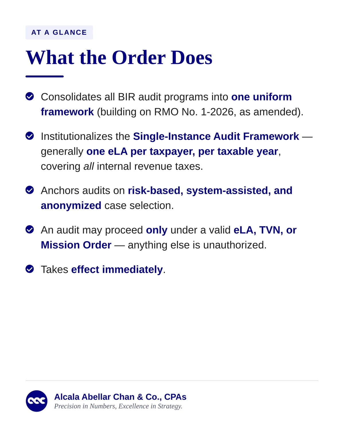 BIR RMO No. 22-2026 slide 2 of 7 — What the Order does: one uniform audit framework, the Single-Instance Audit Framework, risk-based case selection, and audits only under a valid eLA, TVN or Mission Order.
