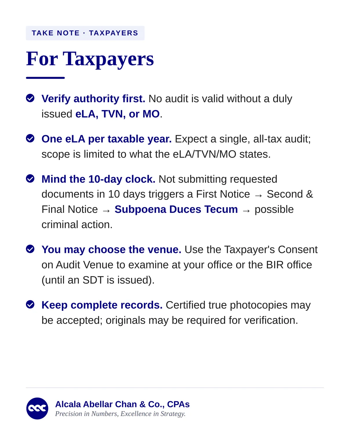 BIR RMO No. 22-2026 slide 5 of 7 — For taxpayers: verify authority first, one eLA per taxable year, mind the 10-day clock, choose the audit venue, keep complete records.
