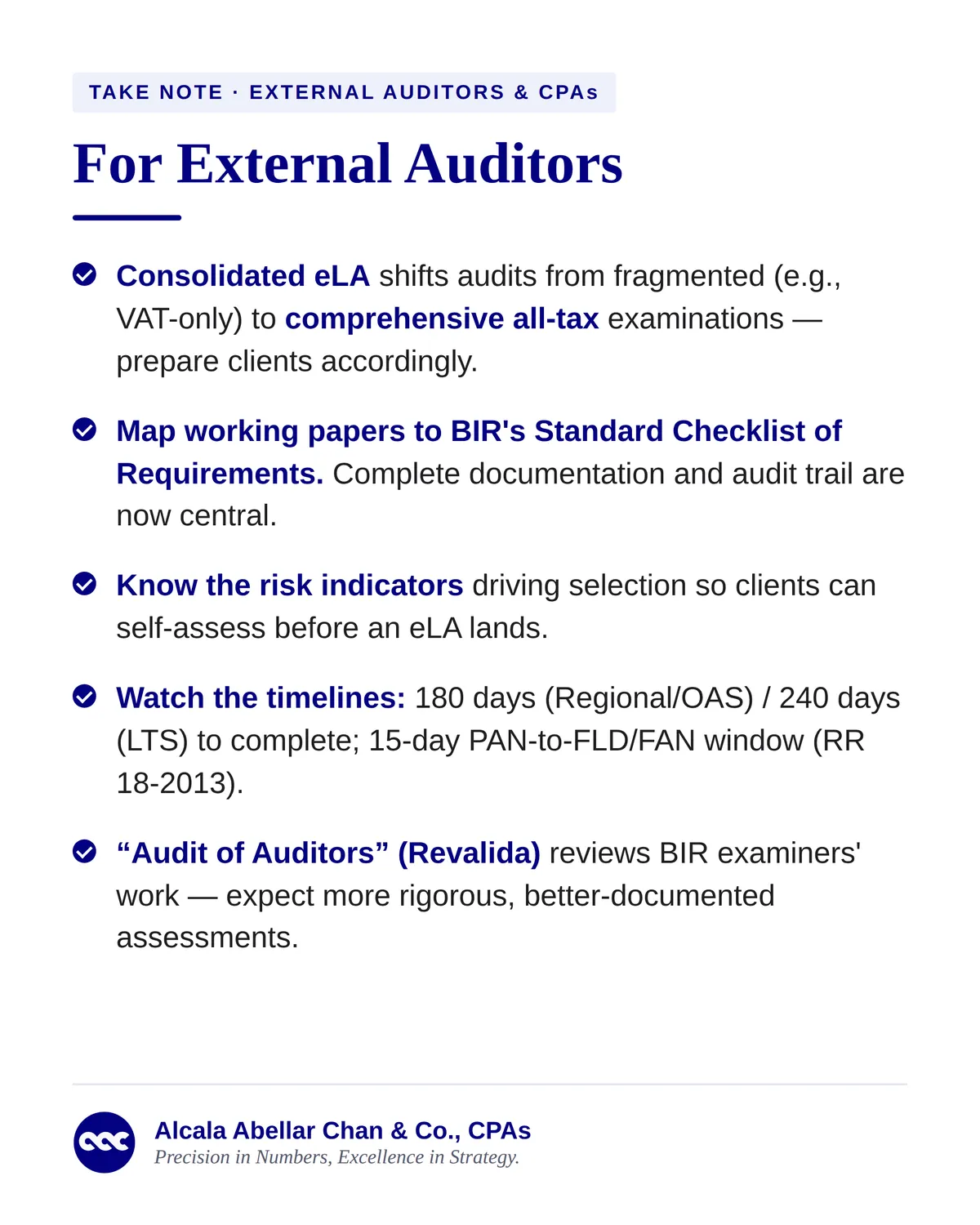 BIR RMO No. 22-2026 slide 6 of 7 — For external auditors and CPAs: comprehensive all-tax examinations, working papers mapped to the BIR standard checklist, the risk indicators, the timelines, and the Audit of Auditors.