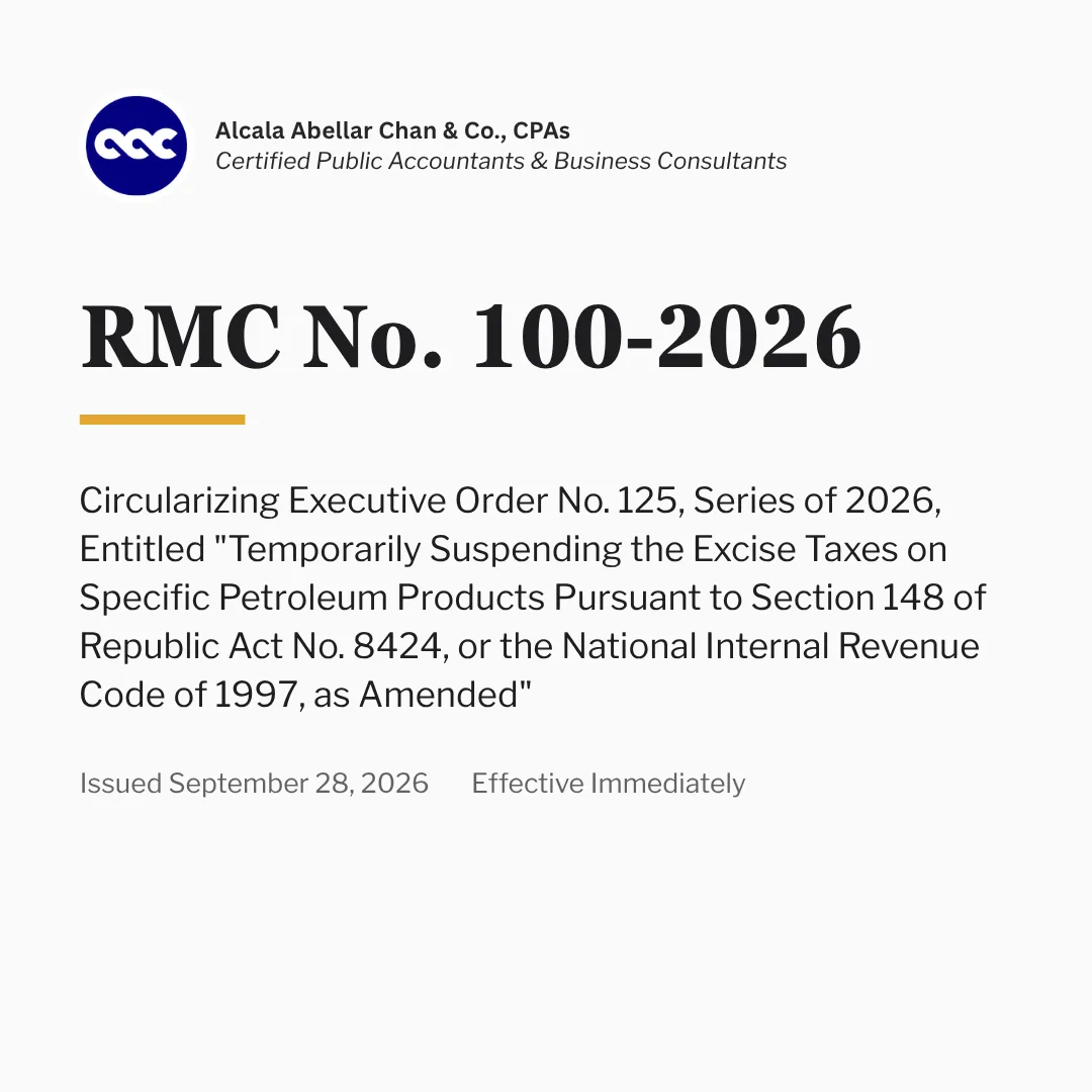 RMC No. 100-2026 — Temporary Suspension of Excise Tax on Specific Petroleum Products — card 1 of 4.
