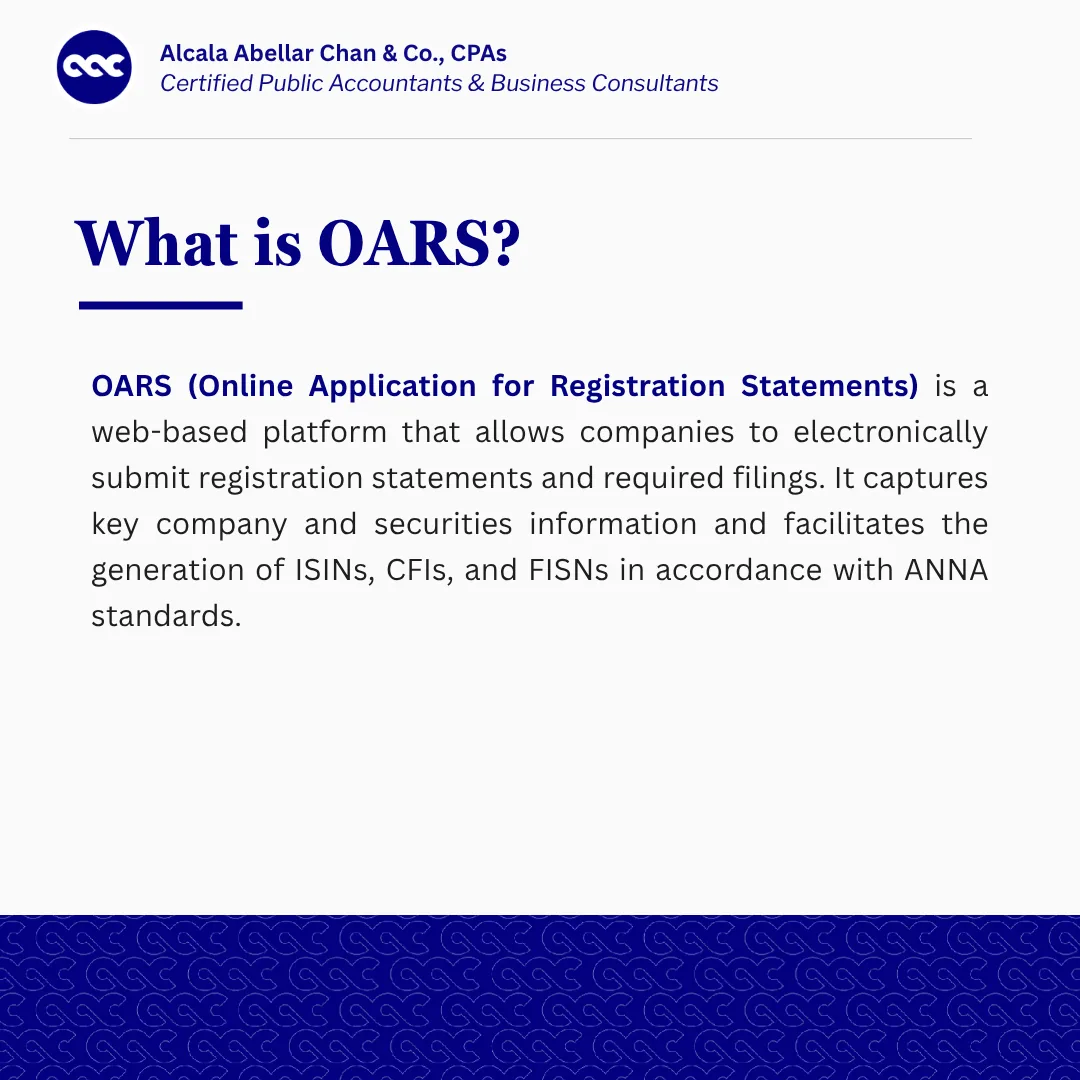 SEC MC No. 24, Series of 2026 slide 3 of 5 — what is OARS: a web-based platform for electronically submitting registration statements and required filings, generating ISINs, CFIs and FISNs in accordance with ANNA standards.