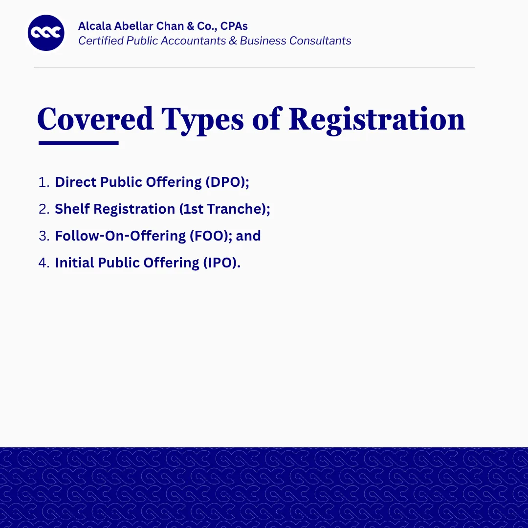 SEC MC No. 24, Series of 2026 slide 4 of 5 — covered types of registration: Direct Public Offering, Shelf Registration first tranche, Follow-On Offering, and Initial Public Offering.