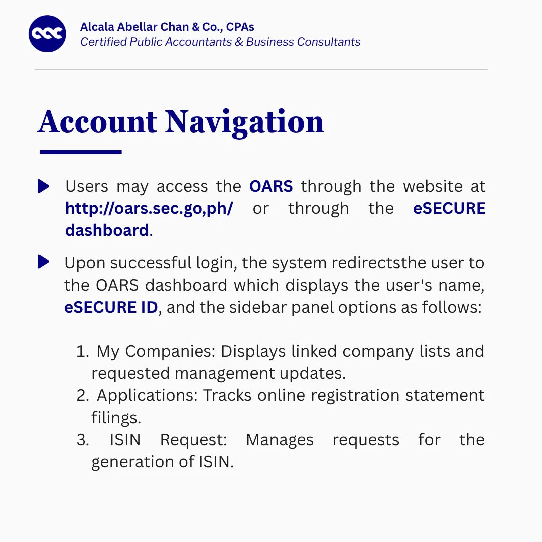 SEC MC No. 24, Series of 2026 slide 5 of 5 — account navigation: access OARS through the website or the eSECURE dashboard; the dashboard shows My Companies, Applications, and ISIN Request.